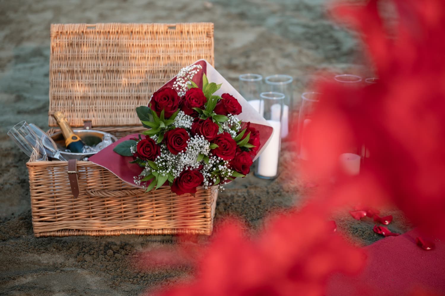 Red rose heart arch proposal on a Cyprus beach